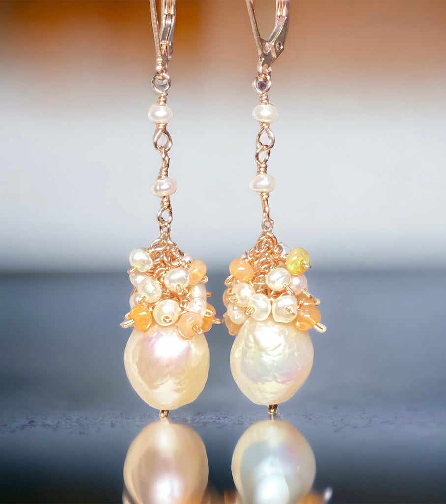 Blush Pearl Opal Cluster Long Earrings, Rose Gold, Sterling Silver, 14 kt Gold Fill