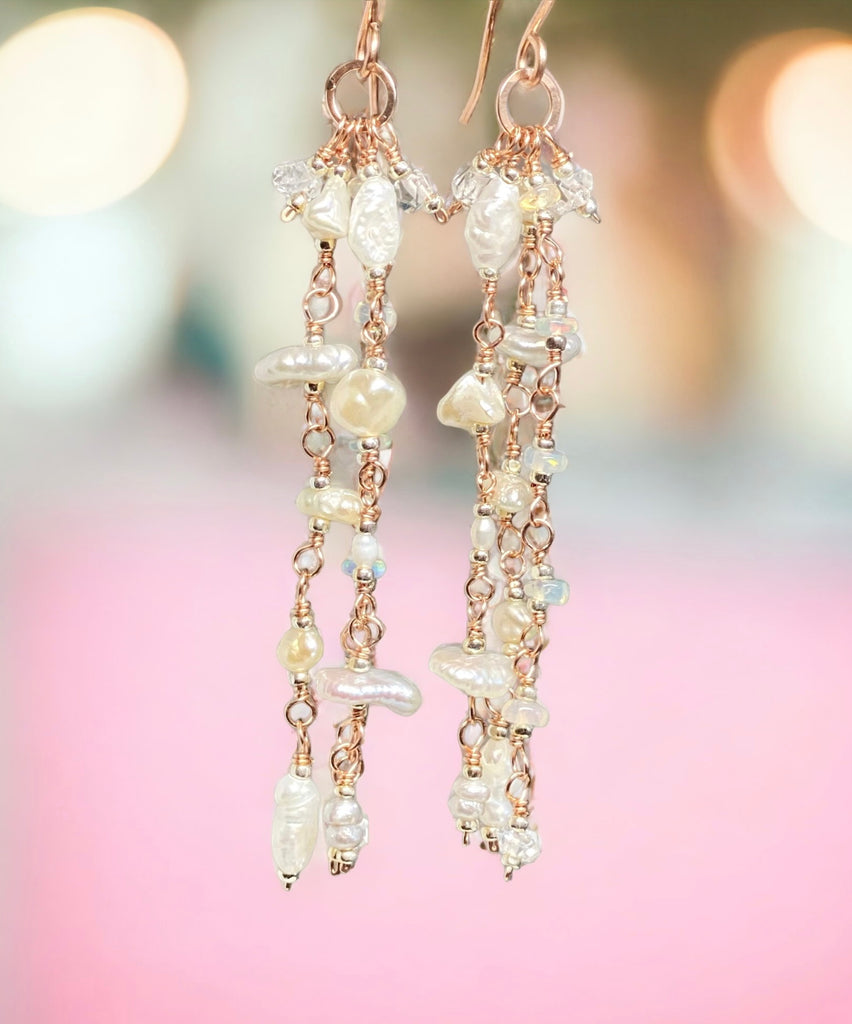 Rose Gold Dainty Pearl Boho Dangle Earrings