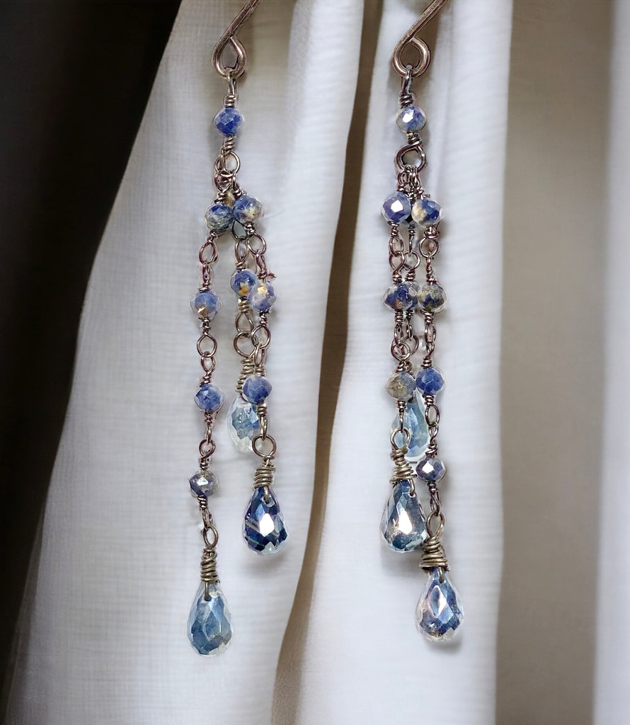 Mystic Blue Kyanite Dainty Tassel Earrings Oxidized Silver