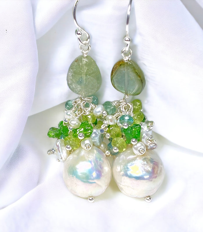 Baroque Edison Pearl and Green Gemstone and Tourmaline Cluster Earrings