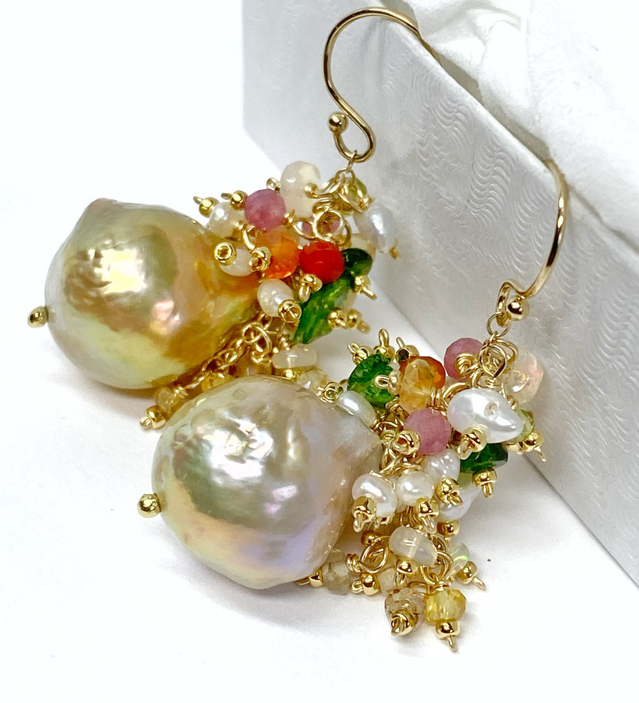 Gold and White Baroque Pearl and Gemstone Cluster Earrings, Pond-slime