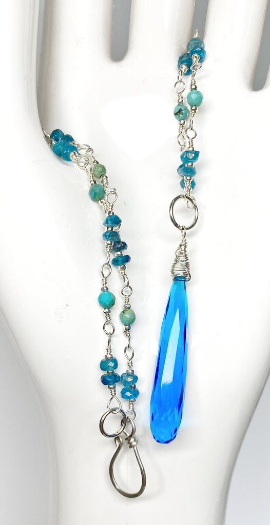 Dainty Necklace Wire Wrap Rosary Style: Swiss Blue Quartz Pendant, Blue Green Gems, Sterling Silver