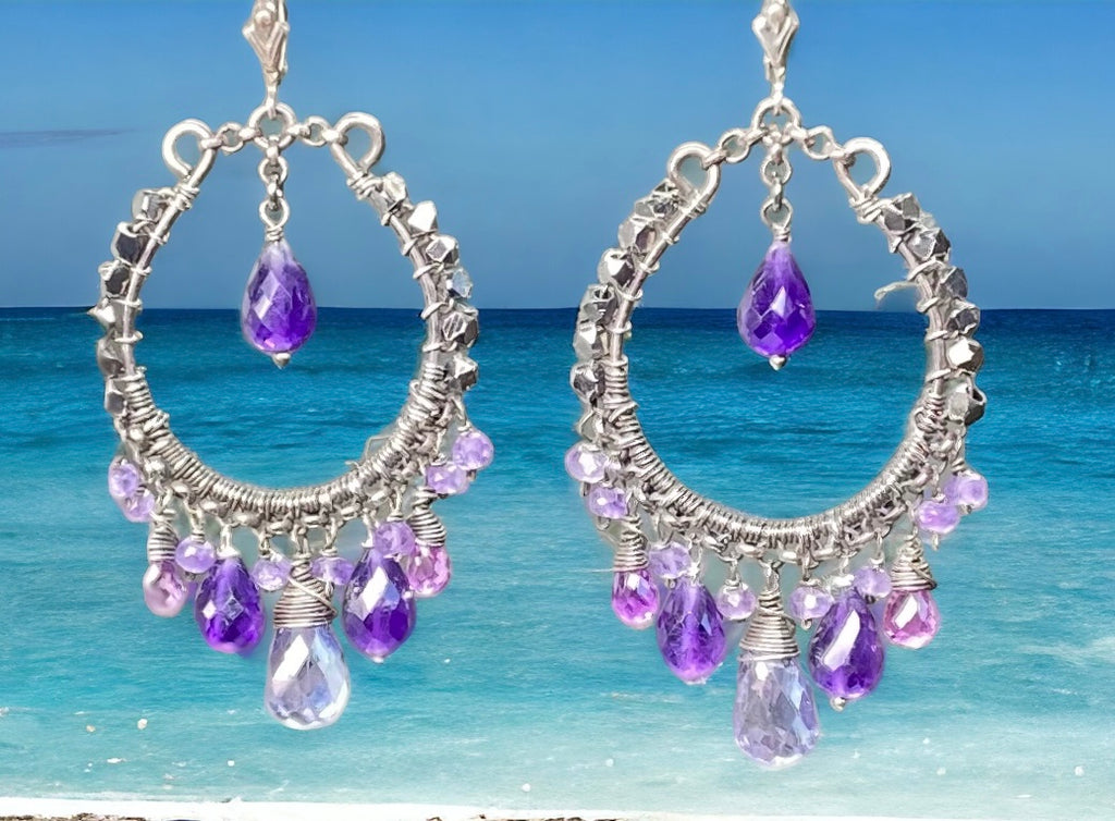Boho Hoop Earrings Oxidized Sterling Silver Blue Violet Gemstones