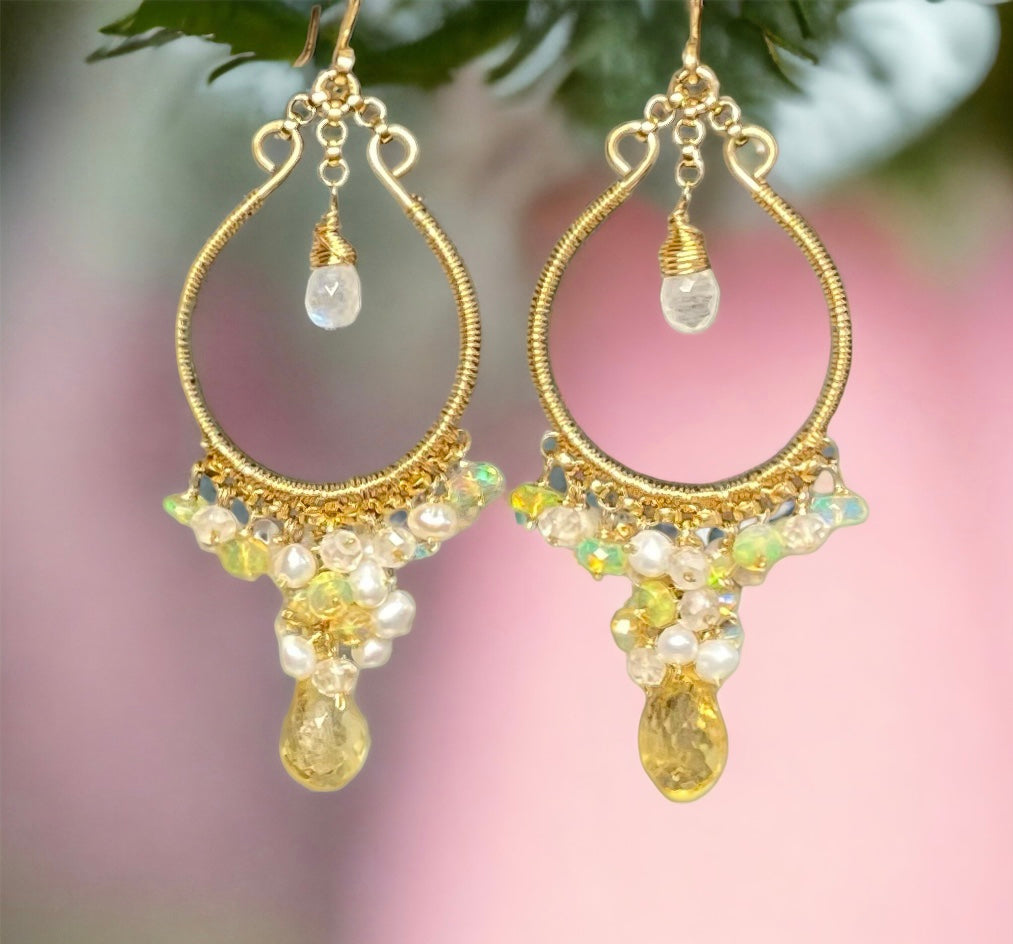 Citrine Gold Fill Hoops with Opal Pearl Moonstone Clusters