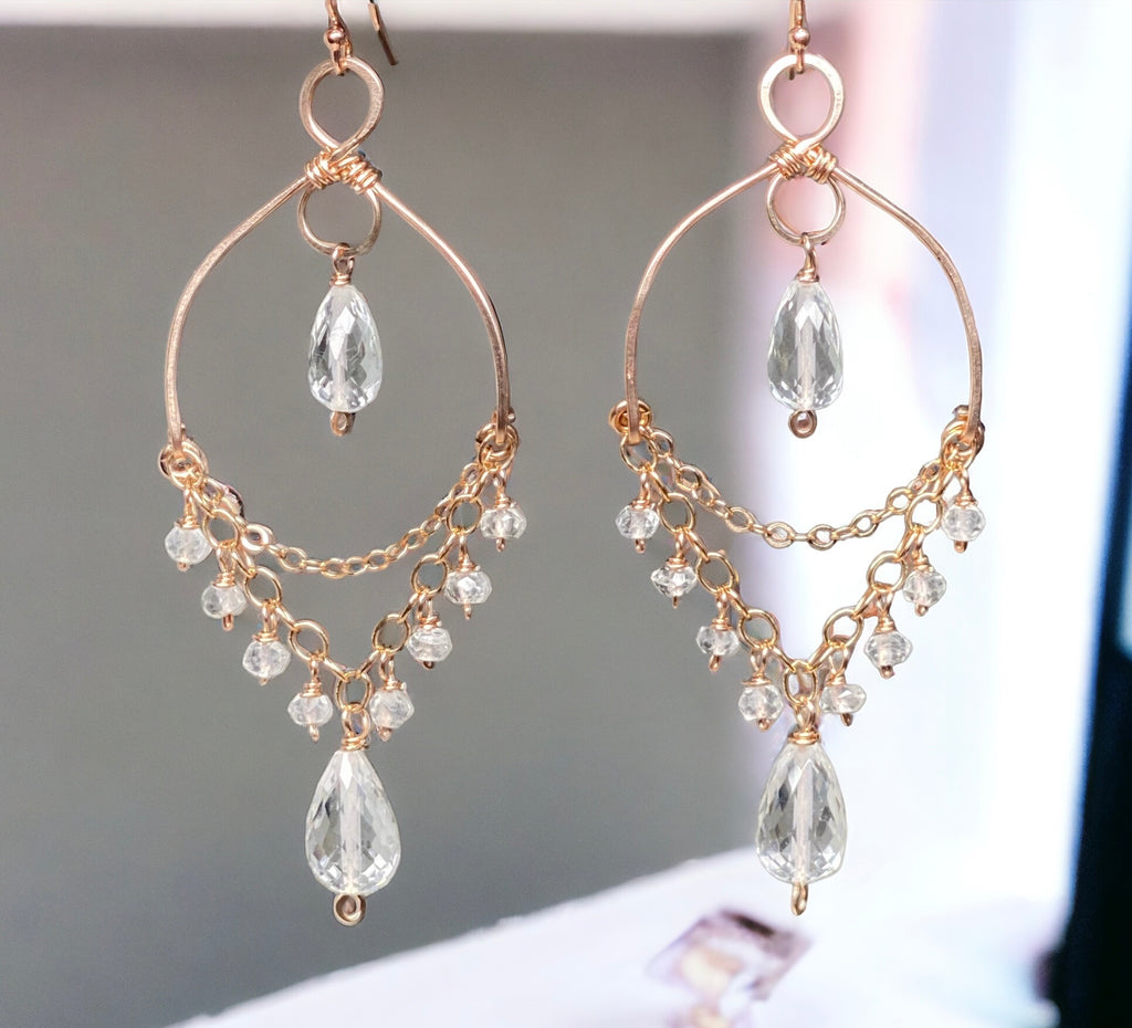 Crystal Quartz Gemstone Chandelier Dangle Earrings Rose Gold Fill