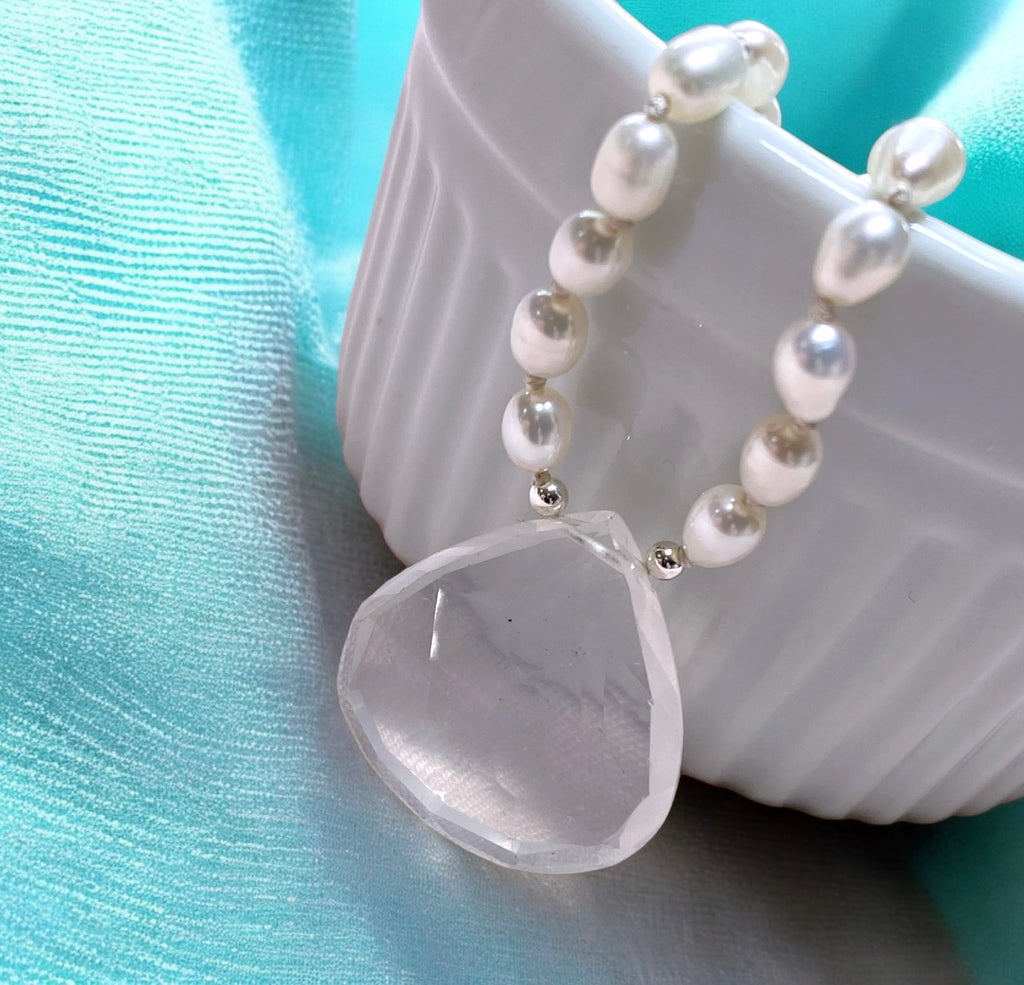 White Quartz Pendant Hand Knotted Pearl Necklace, Sterling Silver