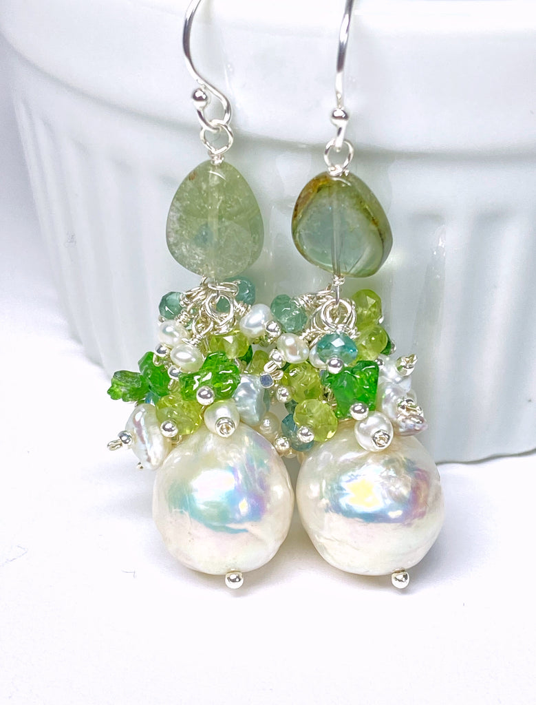 Baroque Edison Pearl and Green Gemstone and Tourmaline Cluster Earrings