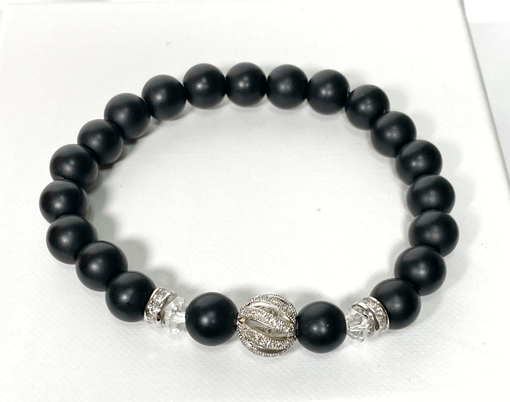 Black Onyx Stretch Bracelet with Crystal Quartz and Silver Pave CZ