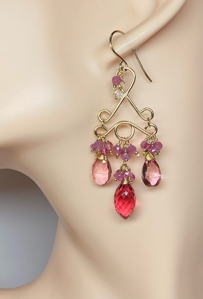 Pink Tourmaline Chandelier Earrings in Gold Fill