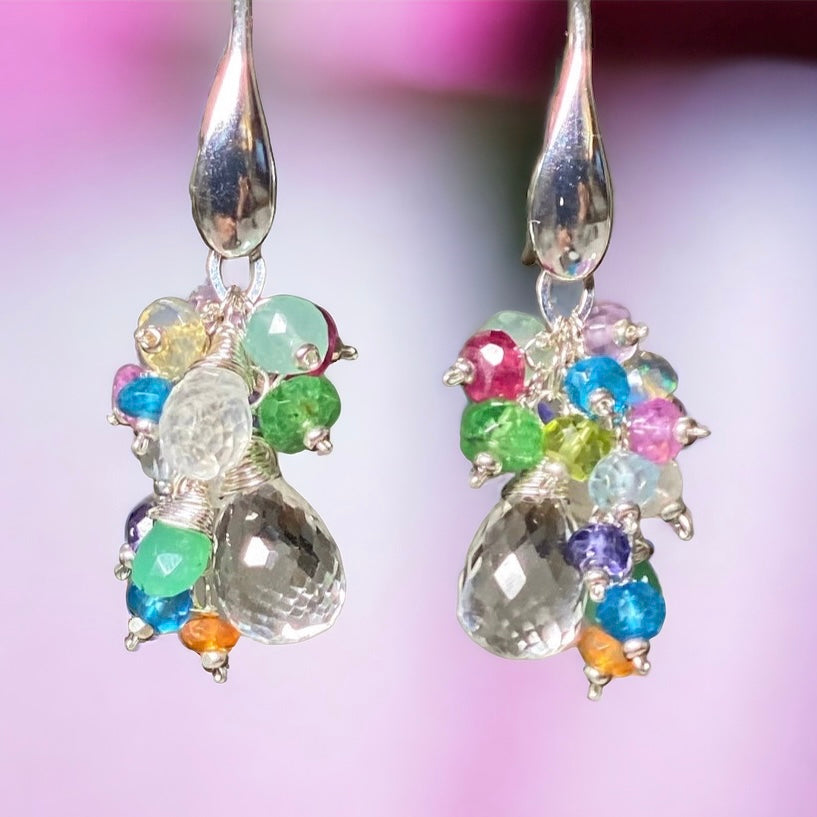 Crystal Quartz Dangle Earrings with Multi Gemstone Cluster Sterling Silver 4