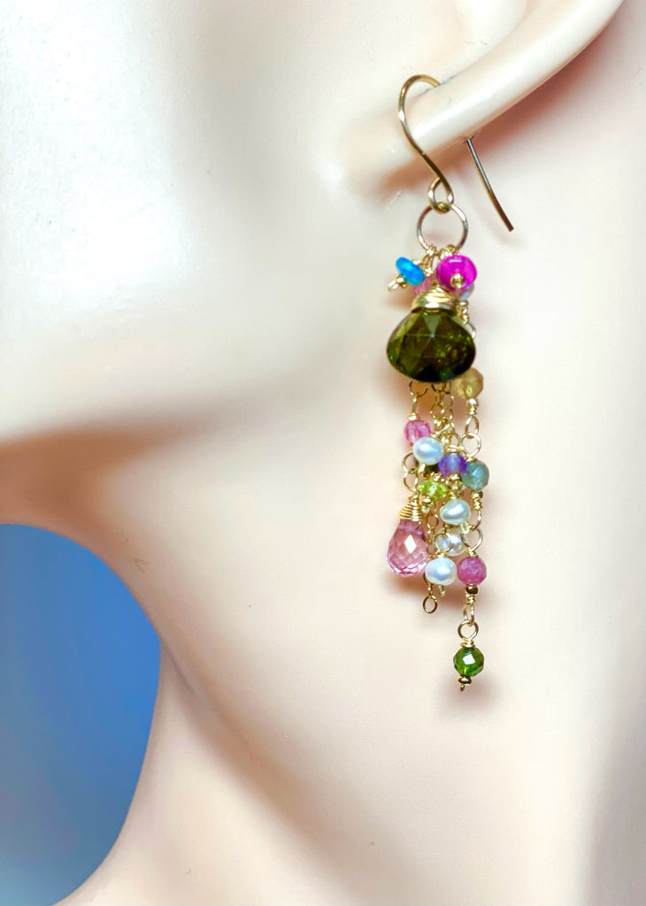 Green Tourmaline Gemstone Gold Fill Long Boho Dangle Earrings