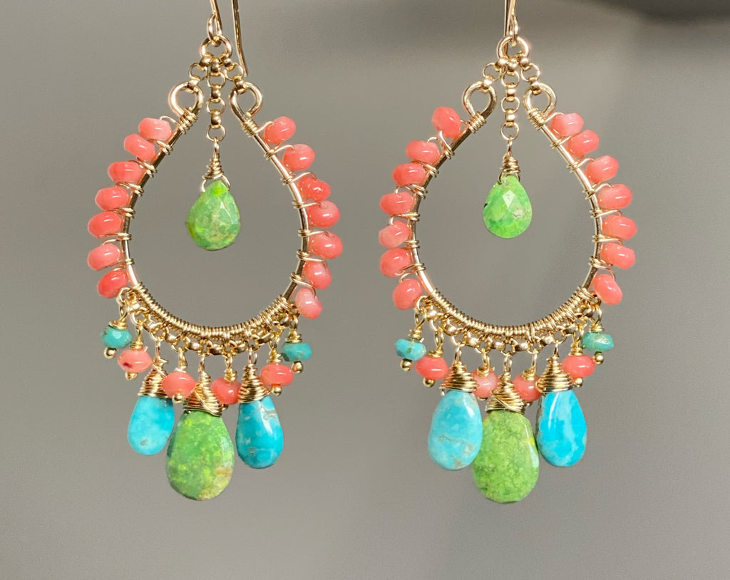 Turquoise Gold Hoop Chandelier Earrings Kingman Turquoise