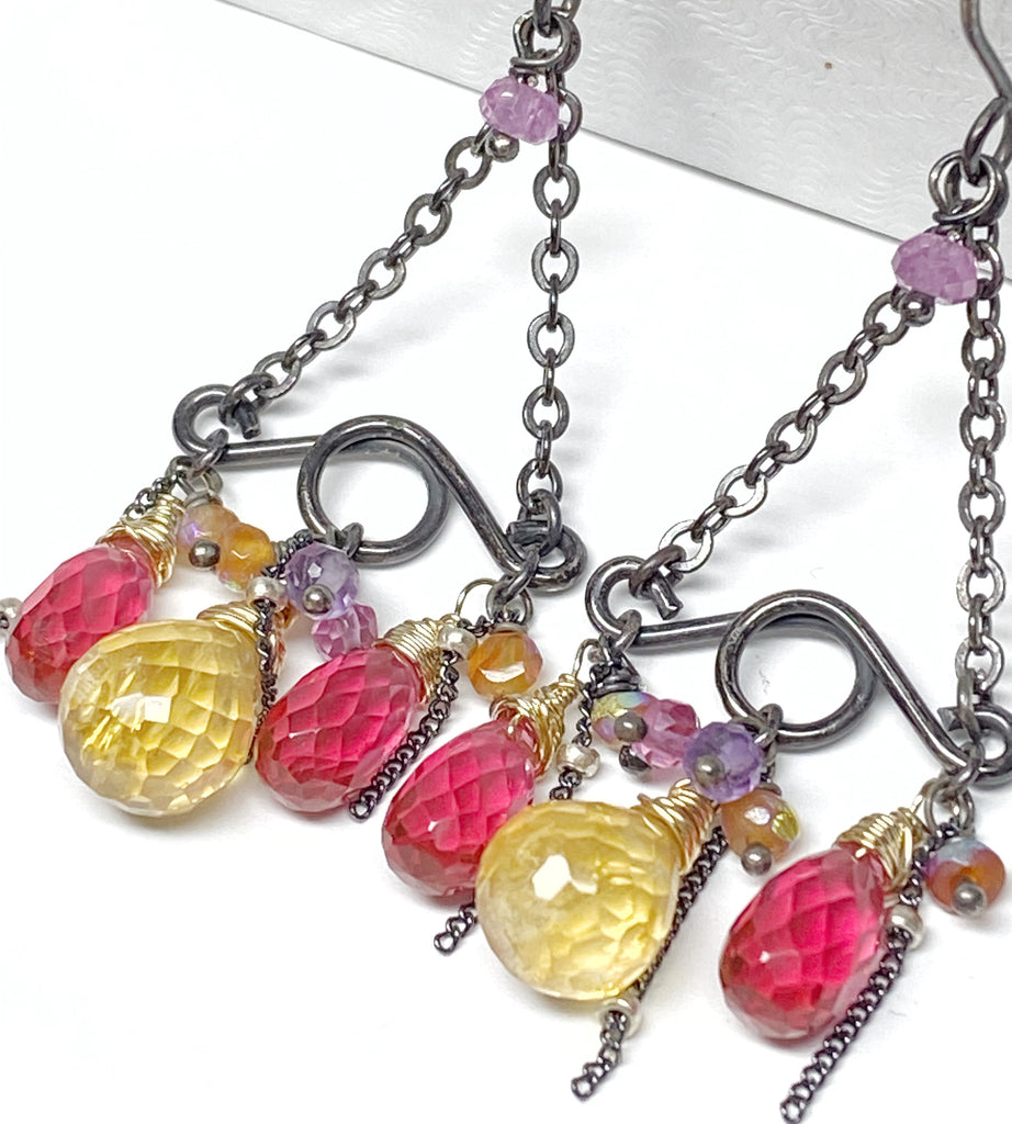 Pink, Fuchsia, Citrine Gemstone Handmade Chandelier Earrings Mixed Metal Oxidized Silver