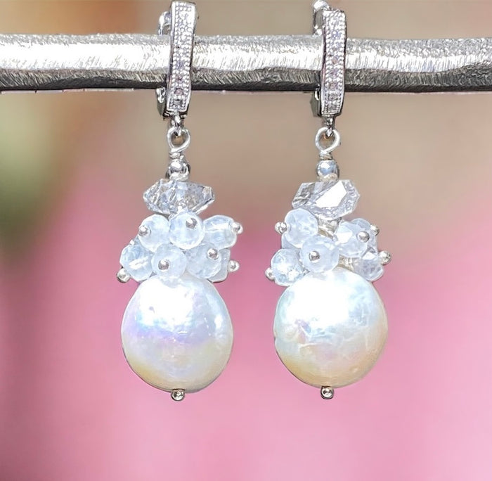 Herkimer Diamond, Edison Pearl, Moonstone Cluster Wedding Earrings