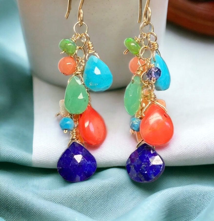 Multi Gemstone Gold Dangle Earrings Coral Blue Lapis Turquoise