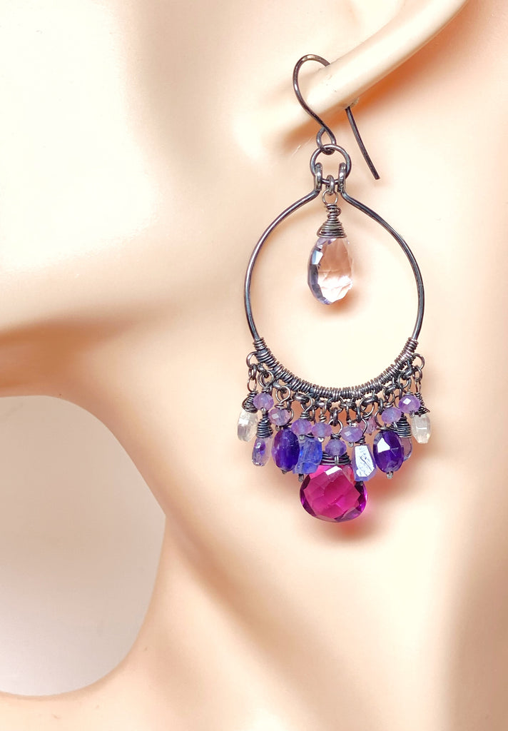 Blue Violet Statement Chandelier Hoop Earrings in Oxidized Sterling Silver