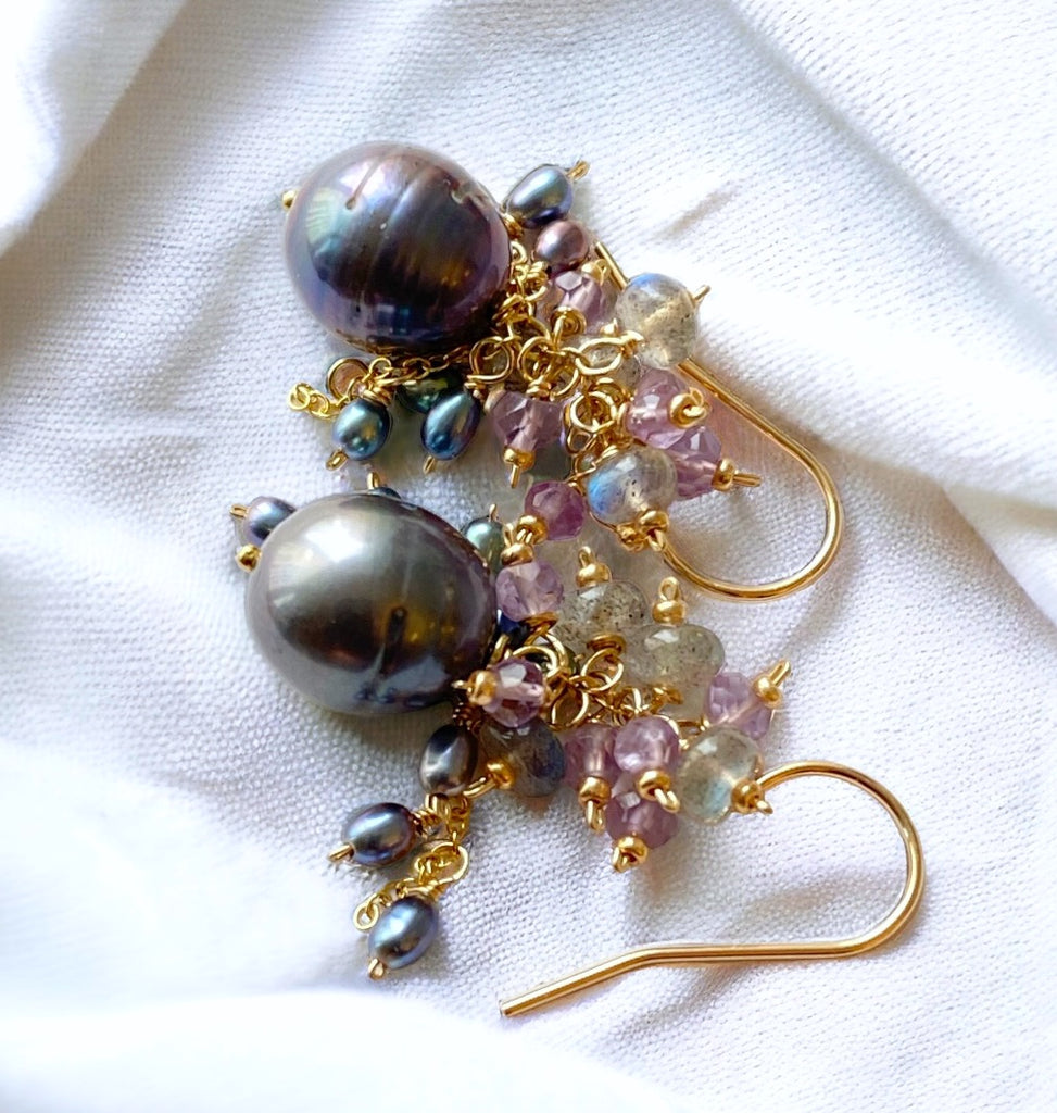 Peacock Pearl, Amethyst, Labradorite, Cluster Waterfall Earrings