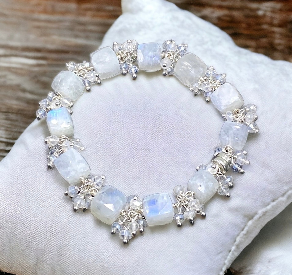 Rainbow Moonstone Bracelet Mystic Crystal Cluster Sterling Silver