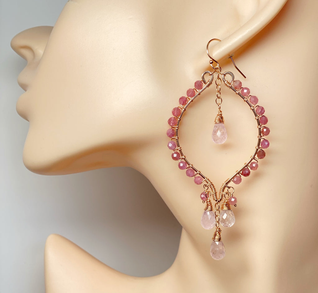 Pink Tourmaline and Morganite Rose Gold Hoop Chandelier Earrings
