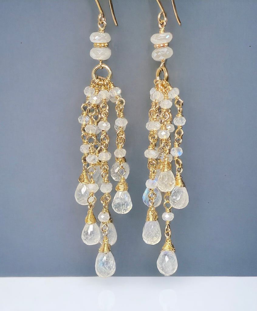 Rainbow Moonstone Tassel Earrings Gold