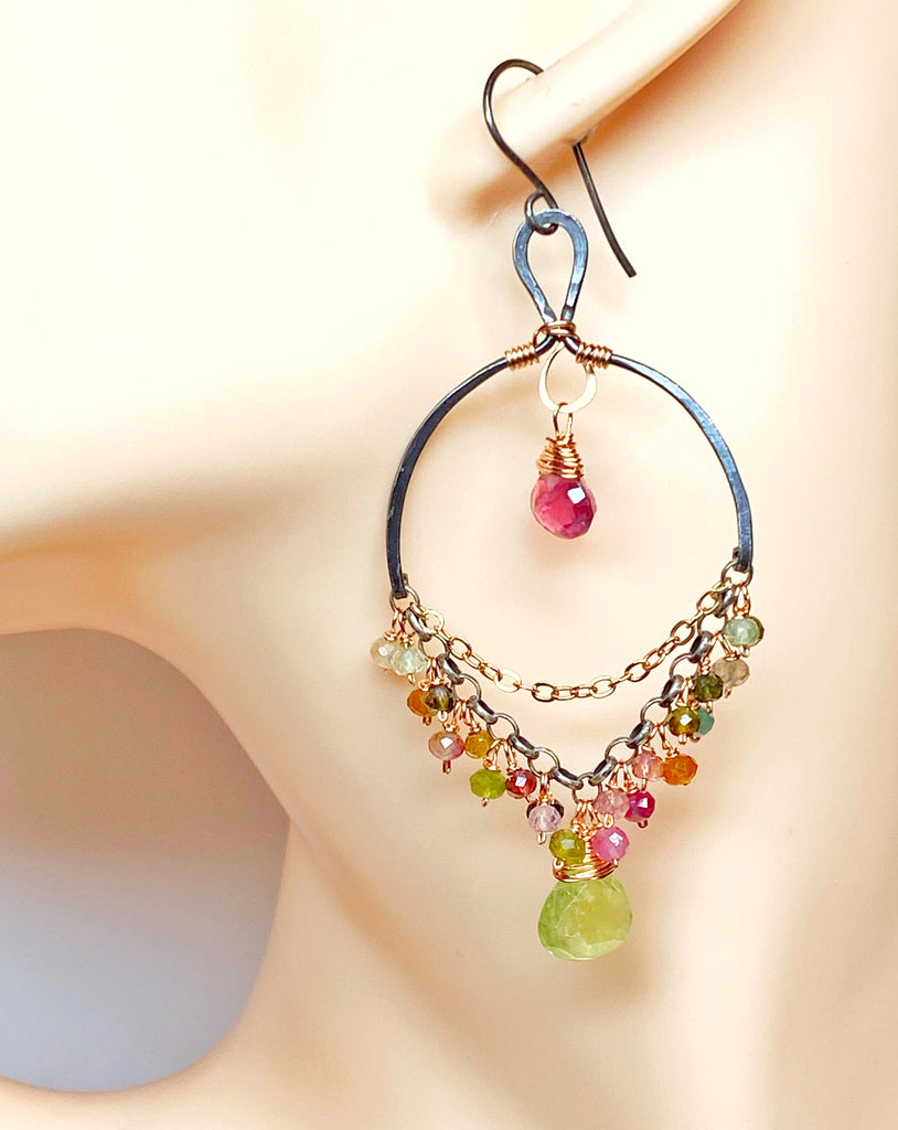 Tourmaline Chandelier Earrings Mixed Metal Boho Style 2