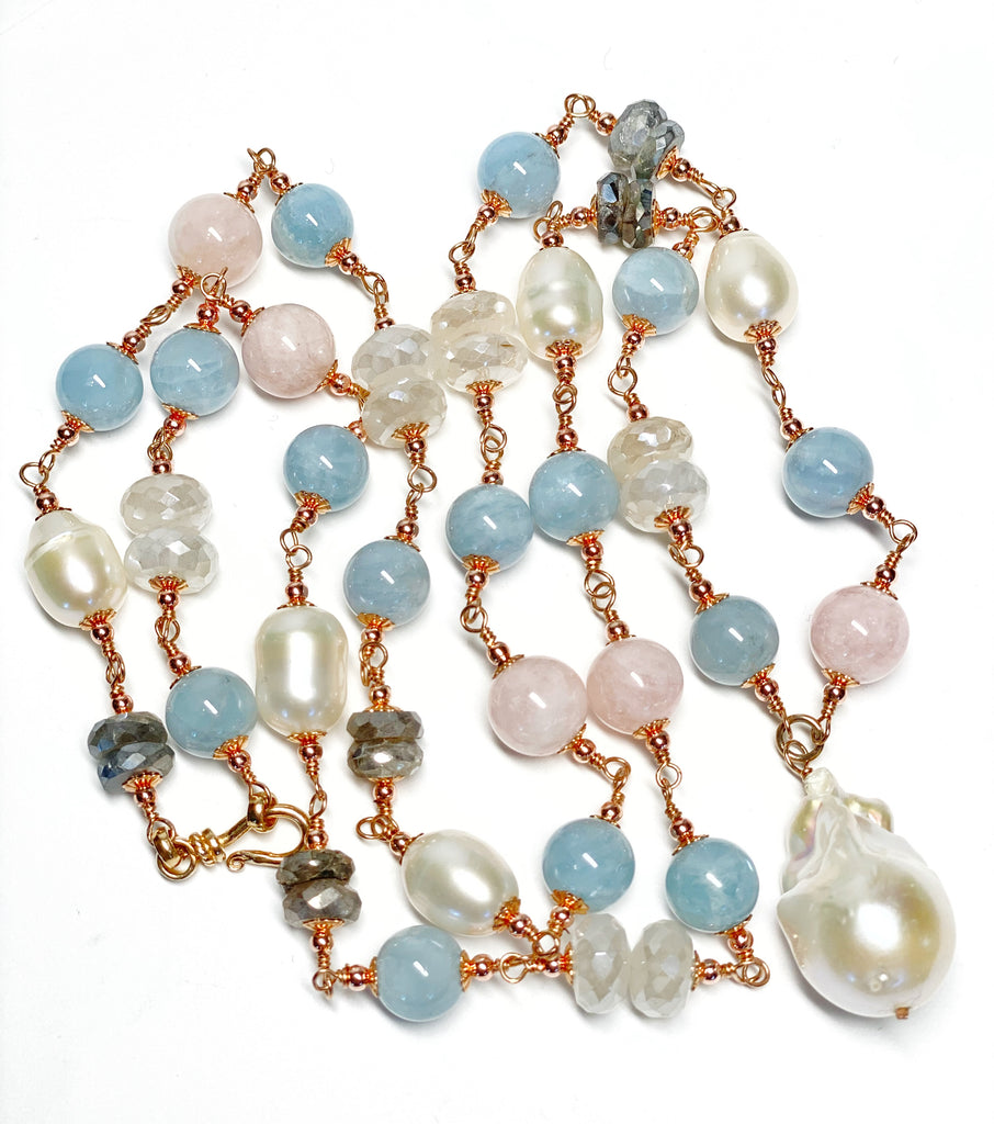 Long Blue Aquamarine Necklace Rose Gold, Pearl Gemstone Sautoir Wire Wrapped