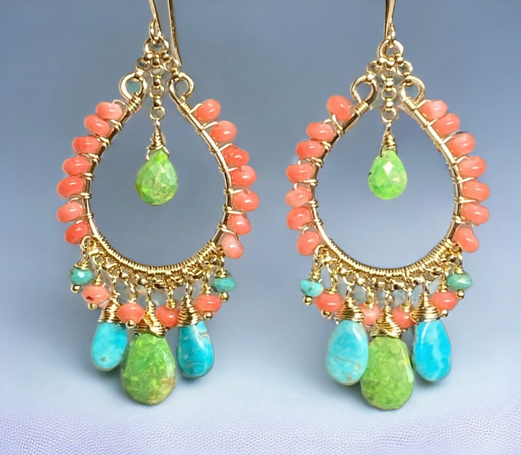 Turquoise Gold Hoop Chandelier Earrings Kingman Turquoise