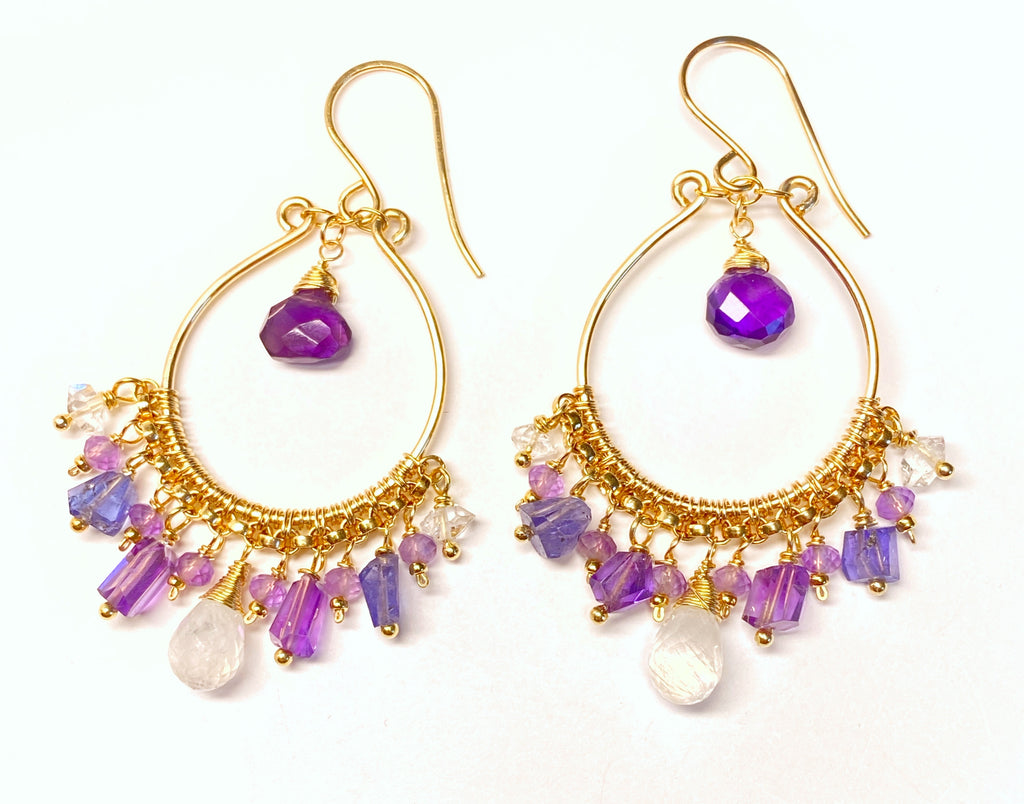 Blue Violet Purple Gold Fill Hoop Chandelier Earrings with Moonstone