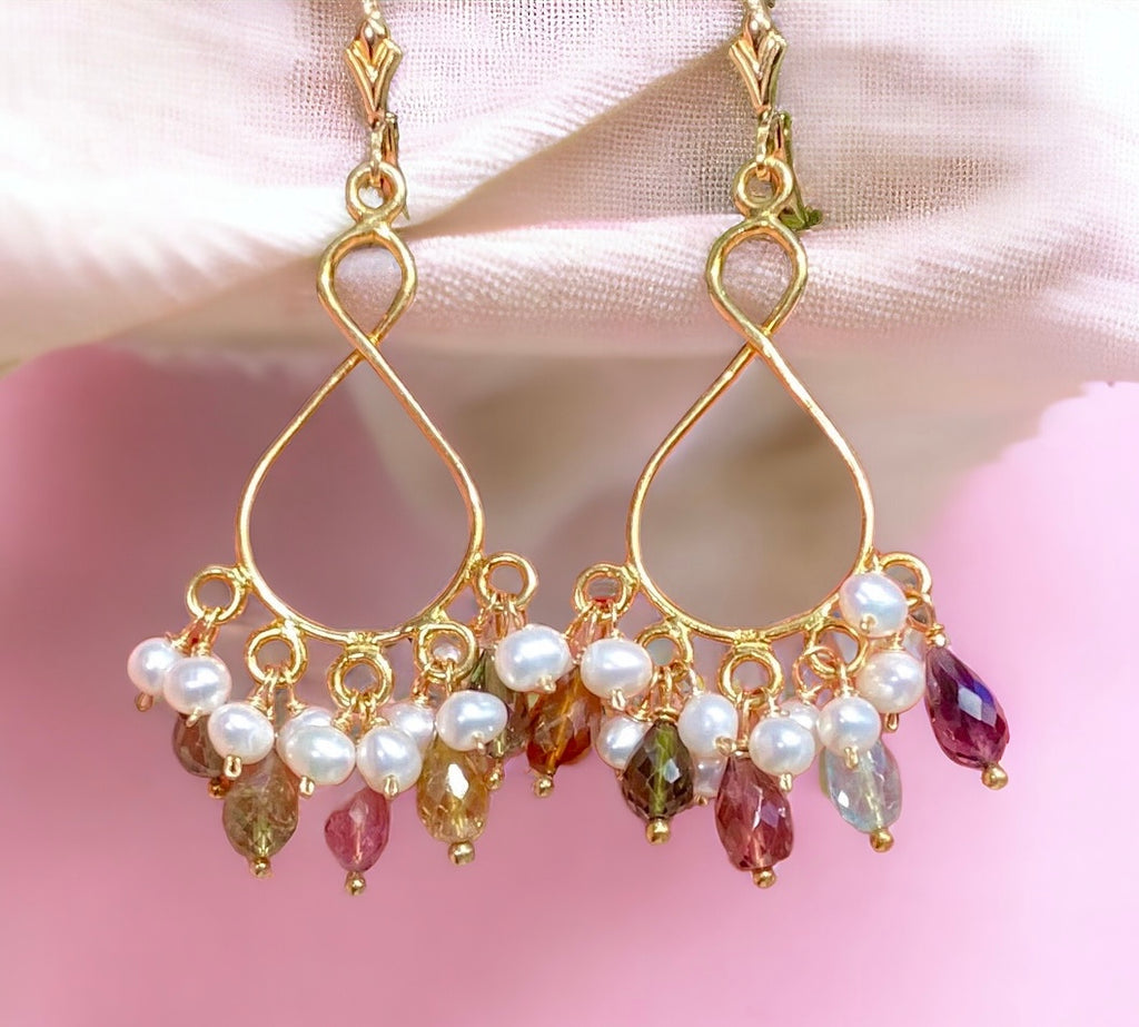 Tourmaline and Pearl Gold Chandelier Earrings