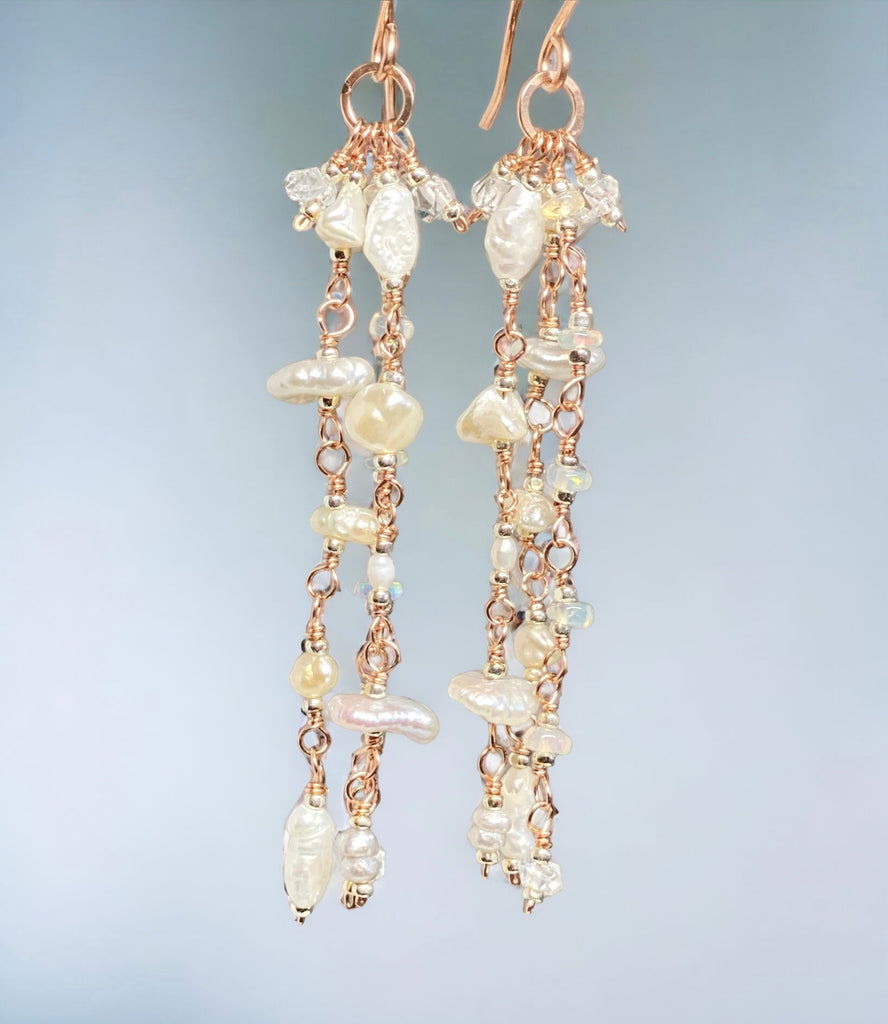 Rose Gold Dainty Pearl Boho Dangle Earrings