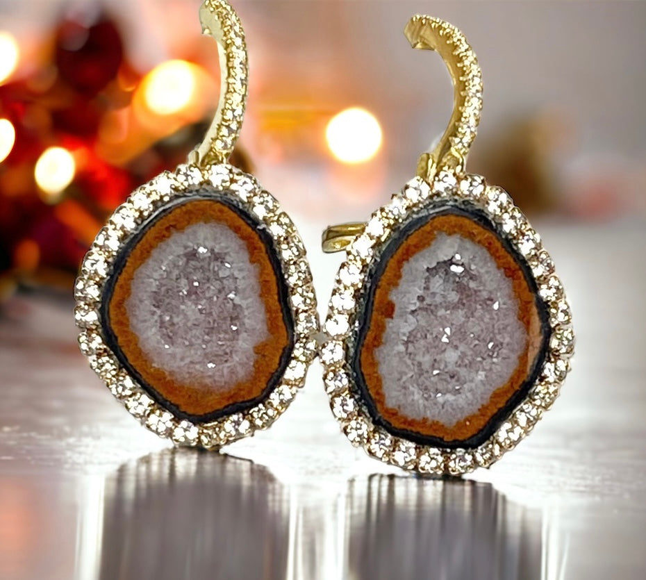 Grey Russet Tabasco Geode Druzy Earrings Diamond Style Dangle Earrings