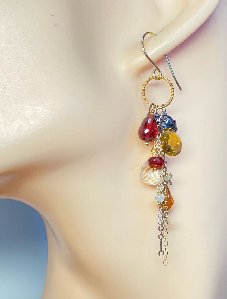 Multi Gemstone Dangle Earrings Garnet Citrine Mixed Metal - Doolittle