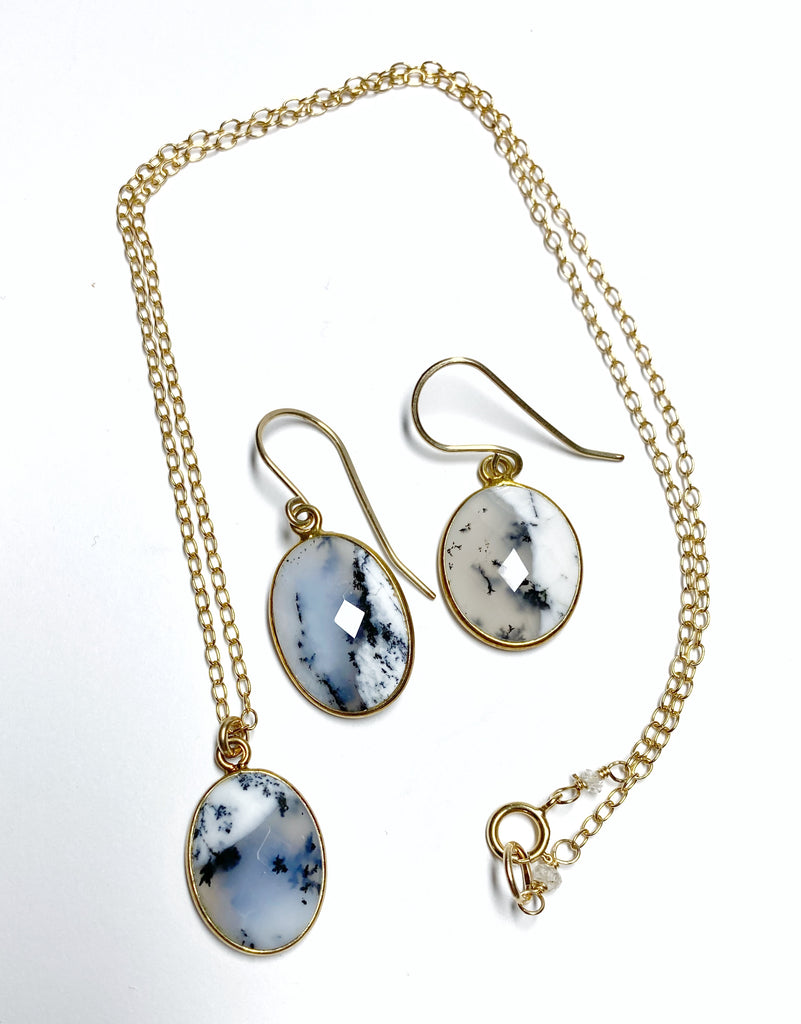 Dendritic Opal Earrings and Pendant Jewelry Set Gold Fill