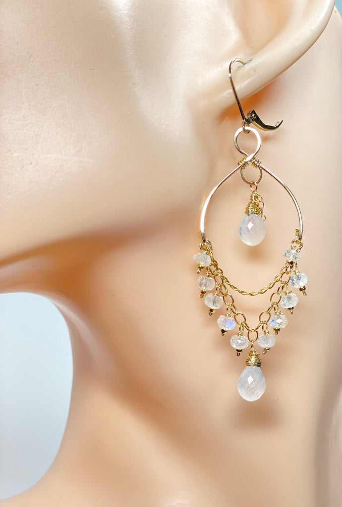 Rainbow Moonstone Gemstone Dangle Chandelier Earrings 14 kt Gold Fill