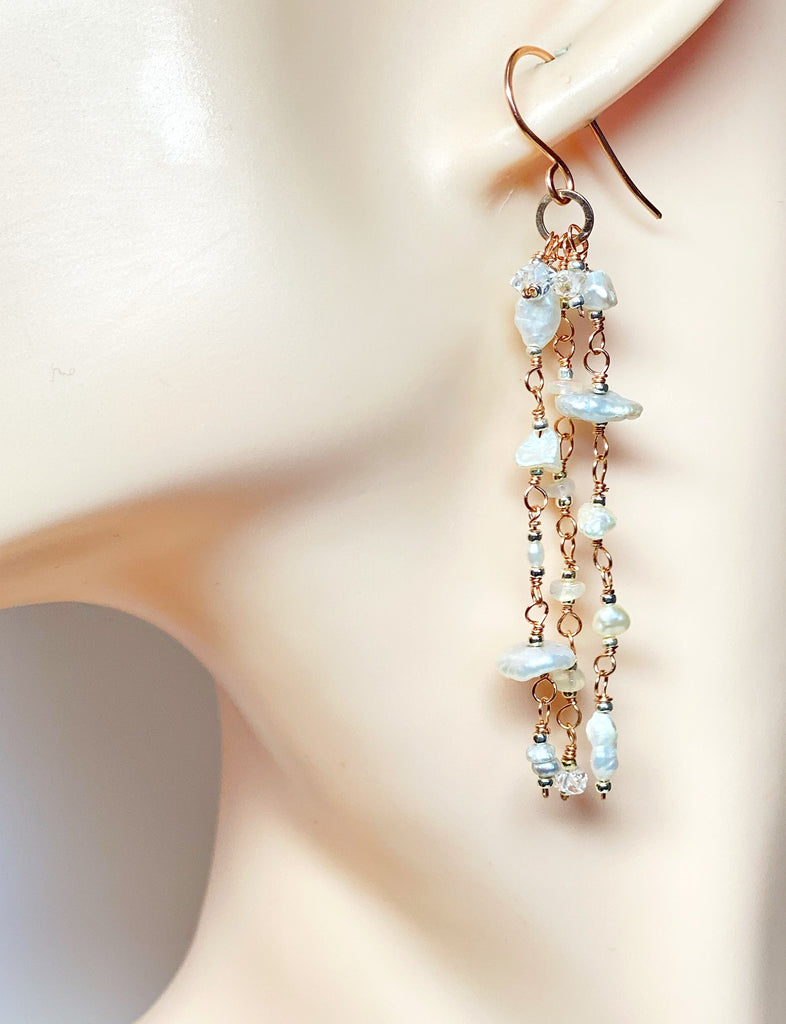 Rose Gold Dainty Pearl Boho Dangle Earrings