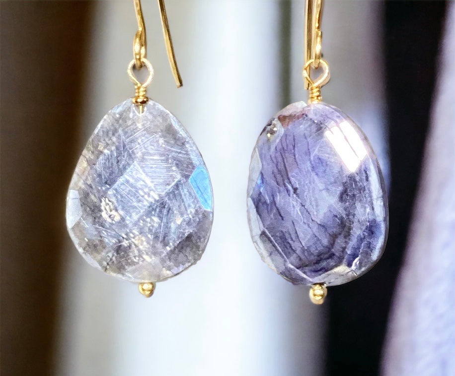 Mystic Blue Sapphire Slice Earrings Gold Fill