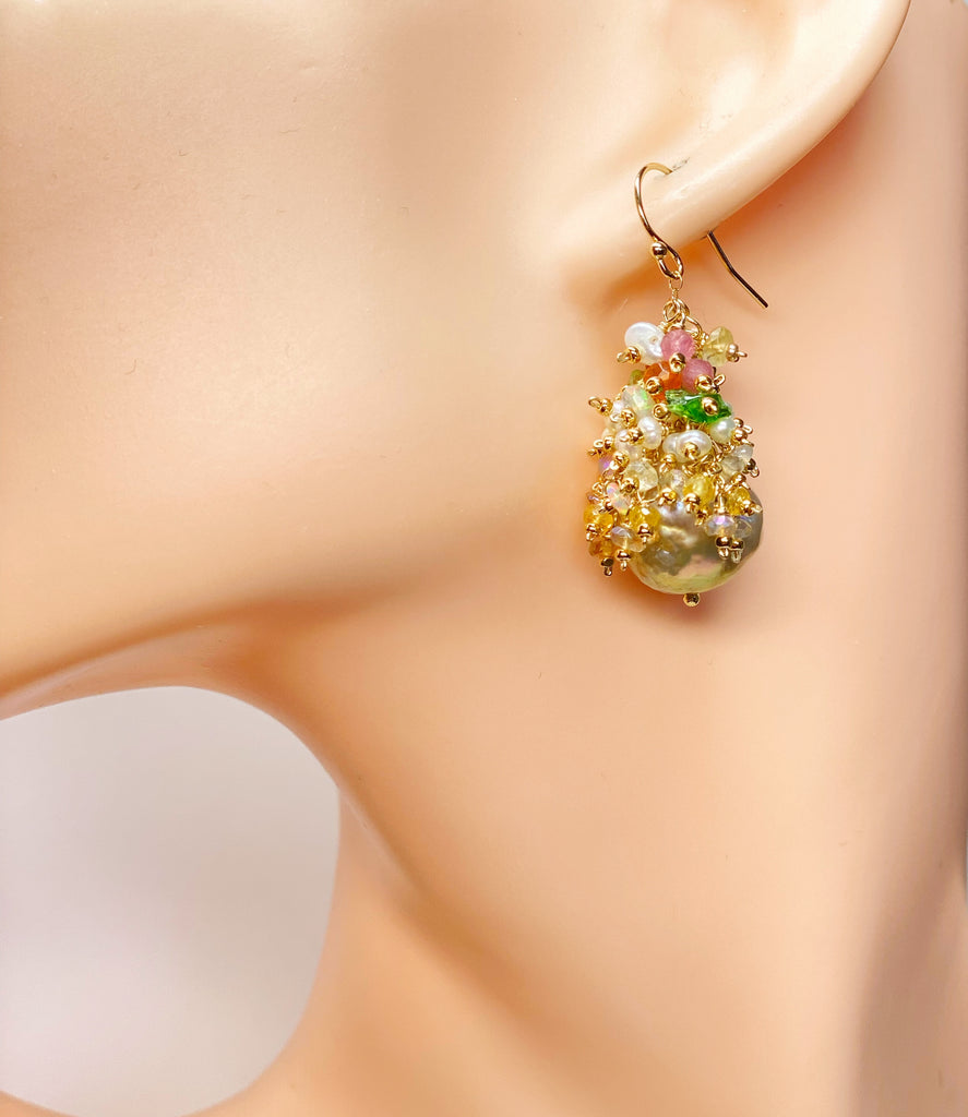 Gold and White Baroque Pearl and Gemstone Cluster Earrings, Pond-slime