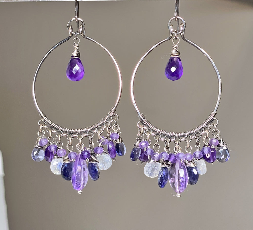 Blue Purple Gemstone Chandelier Hoop Earrings Oxidized Silver 3