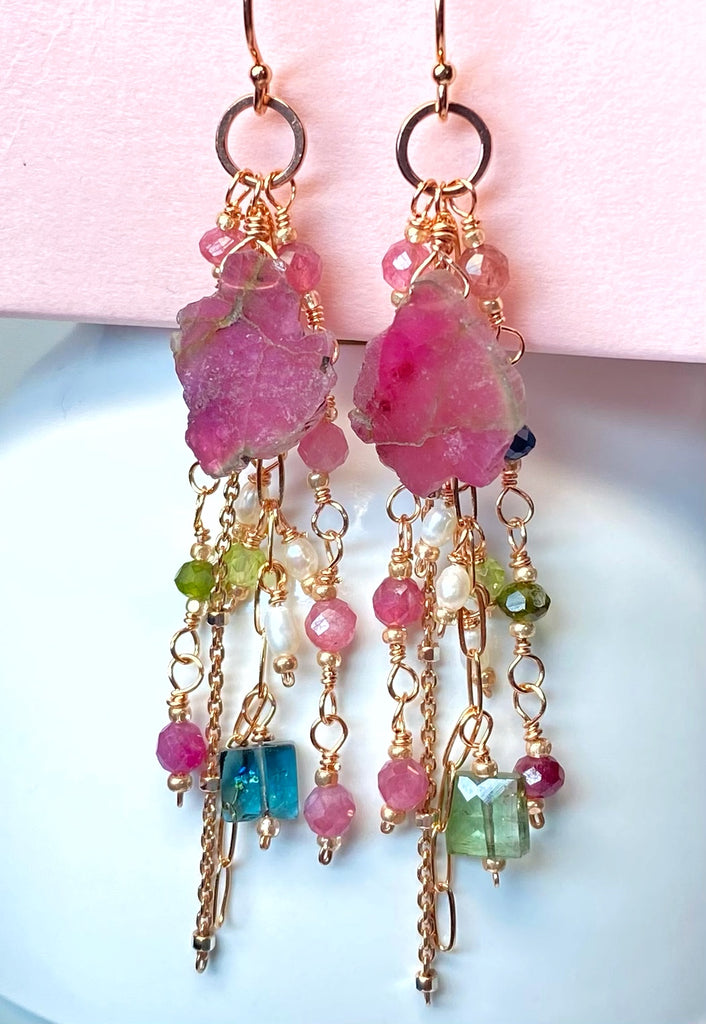 Watermelon Tourmaline Slice Rose Gold Dangle Earrings