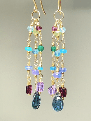 Teal Kyanite, Multi Gemstone Gold Fill Long Dangle Earrings