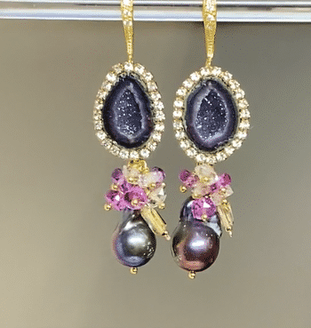 Tabasco geode cluster pearl dangle earrings with diamond style crystals 1