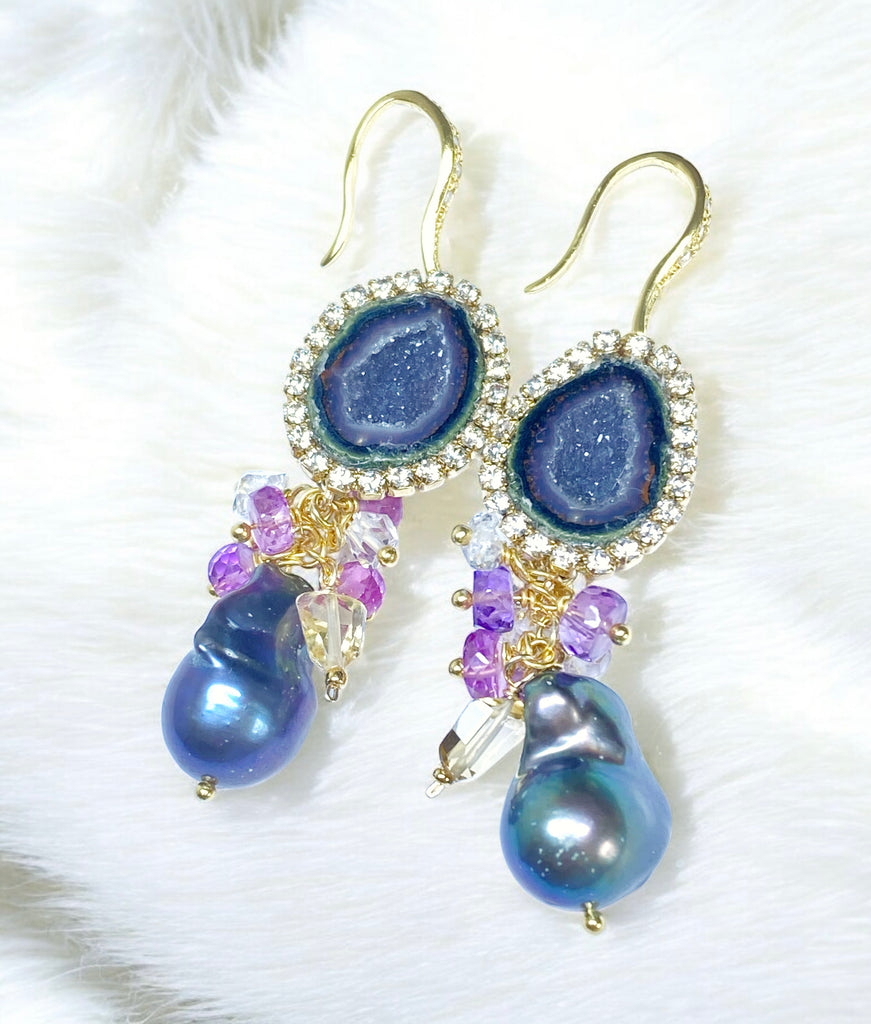 Plum Tabasco Geode and Pearl Dangle Earrings Diamond Look