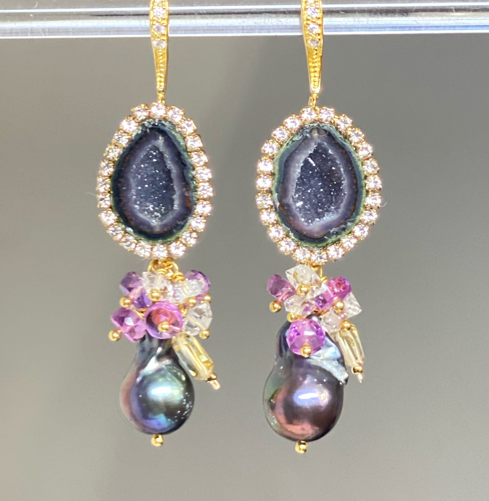 Plum Tabasco Geode and Pearl Dangle Earrings Diamond Look