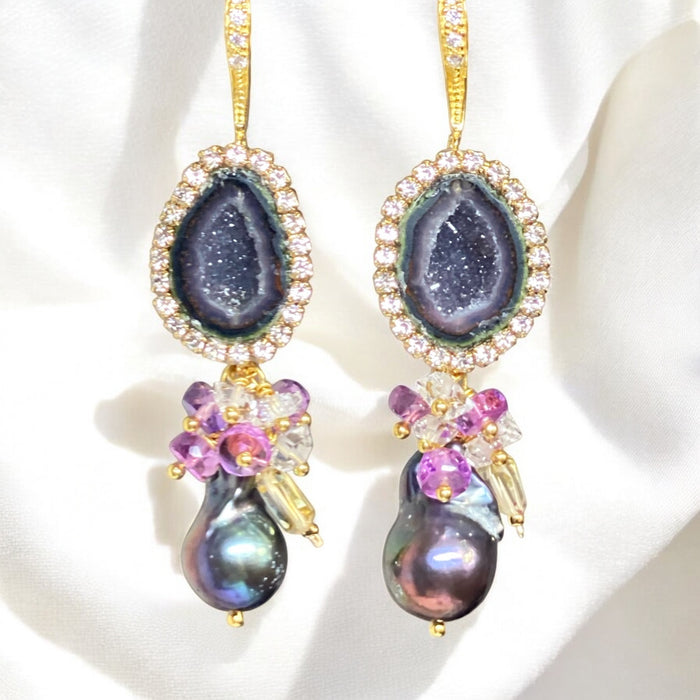 Plum Tabasco Geode and Pearl Dangle Earrings Diamond Look