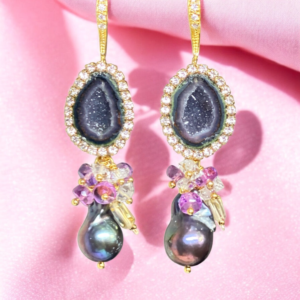 Plum Tabasco Geode and Pearl Dangle Earrings Diamond Look