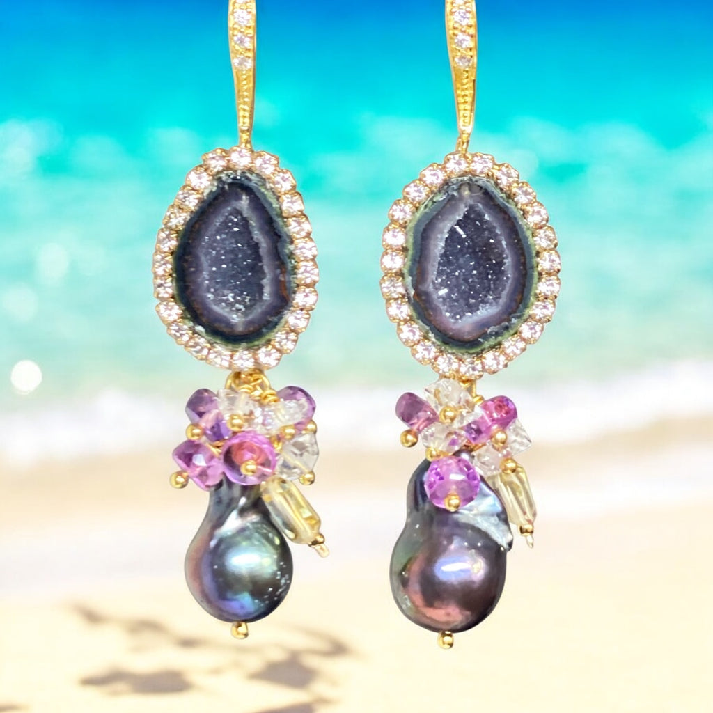 Plum Tabasco Geode and Pearl Dangle Earrings Diamond Look