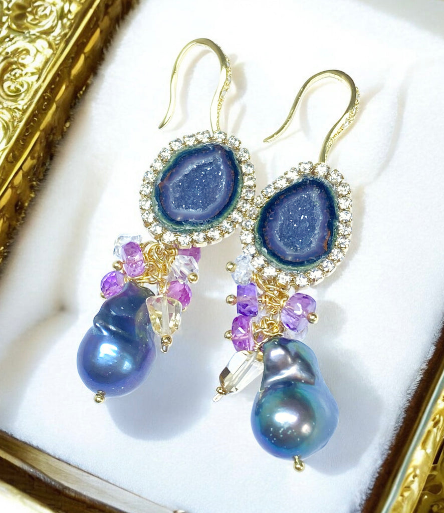 Plum Tabasco Geode and Pearl Dangle Earrings Diamond Look
