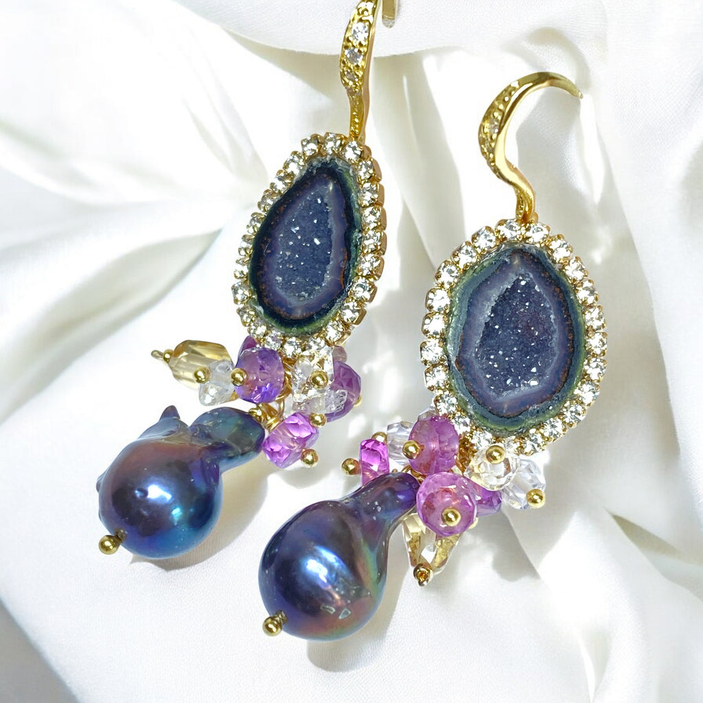 Plum Tabasco Geode and Pearl Dangle Earrings Diamond Look