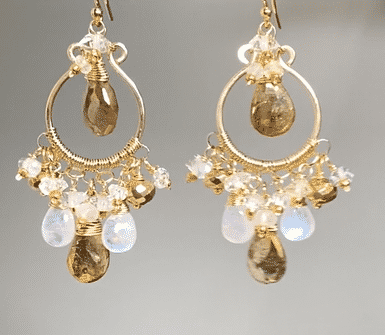 Rainbow Moonstone Gold Labradorite Chandelier Hoop Earrings Gold Fill