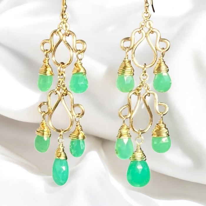 Green Chrysoprase Gemstone Long Gold Filled Chandelier Earrings
